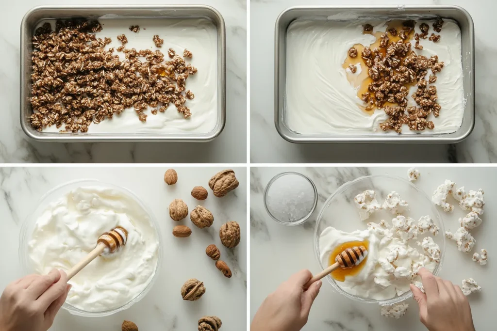 Step-by-step process of making Greek yogurt honey bark