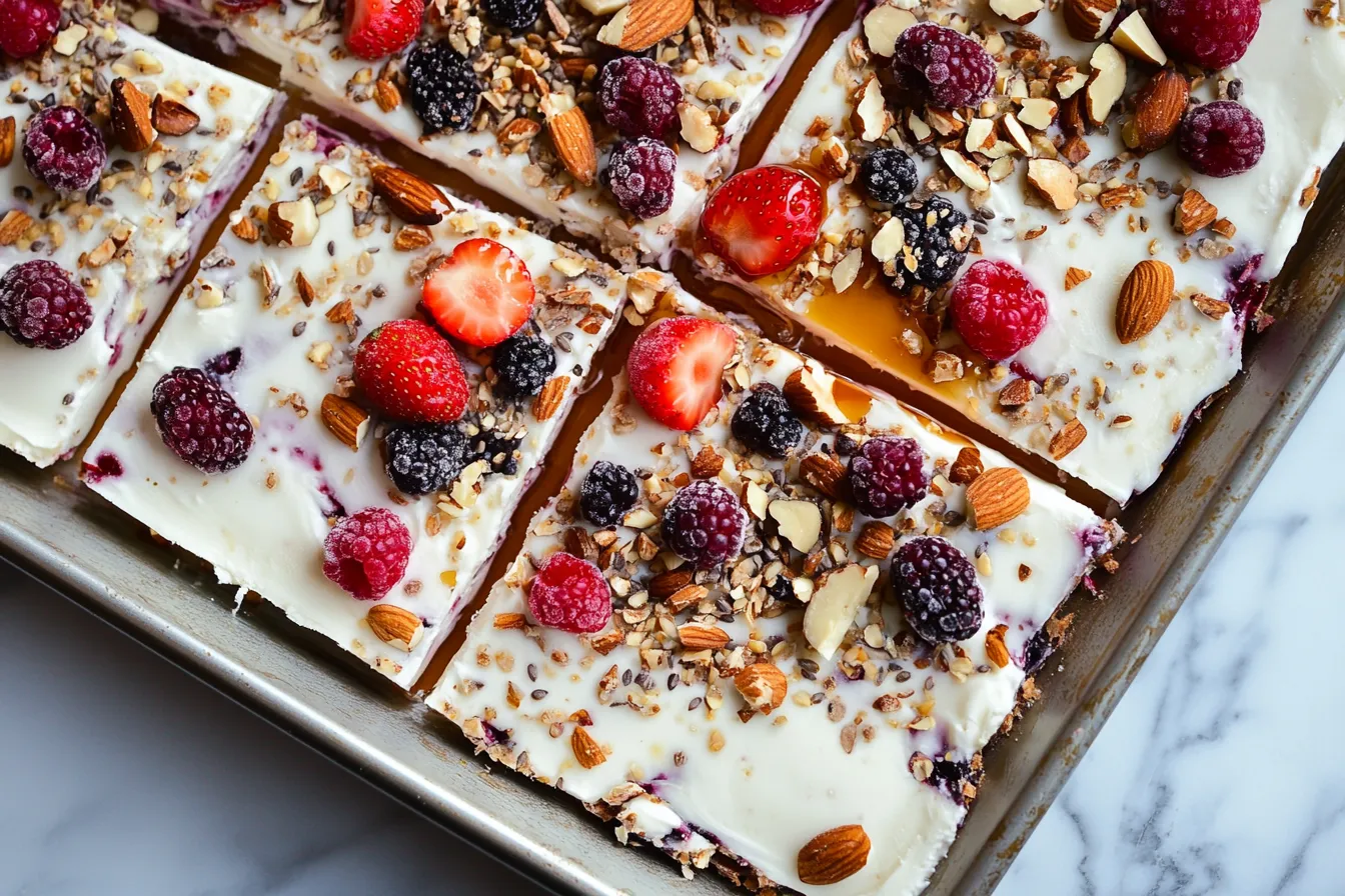 Greek yogurt honey bark with toppings, broken into pieces on a tray
