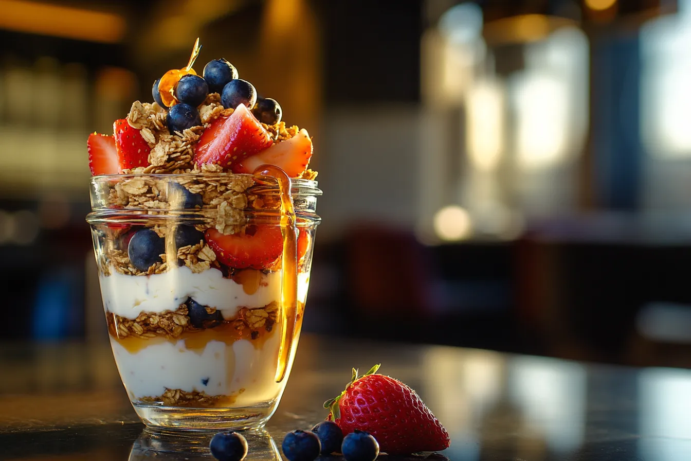 Greek yogurt parfait layered with fruit, granola, and honey in a glass jar