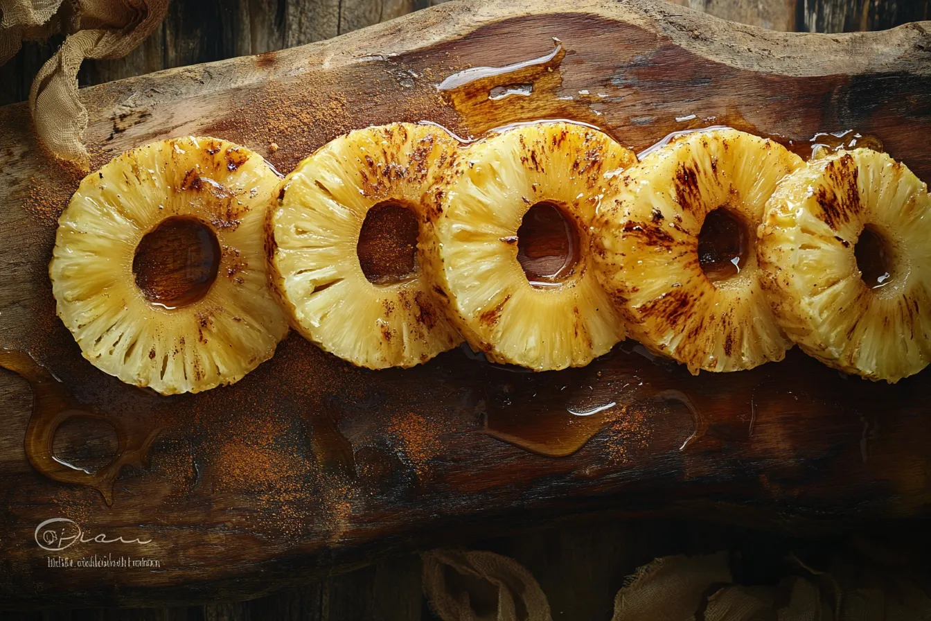 Grilled pineapple rings topped with cinnamon and honey on a wooden board