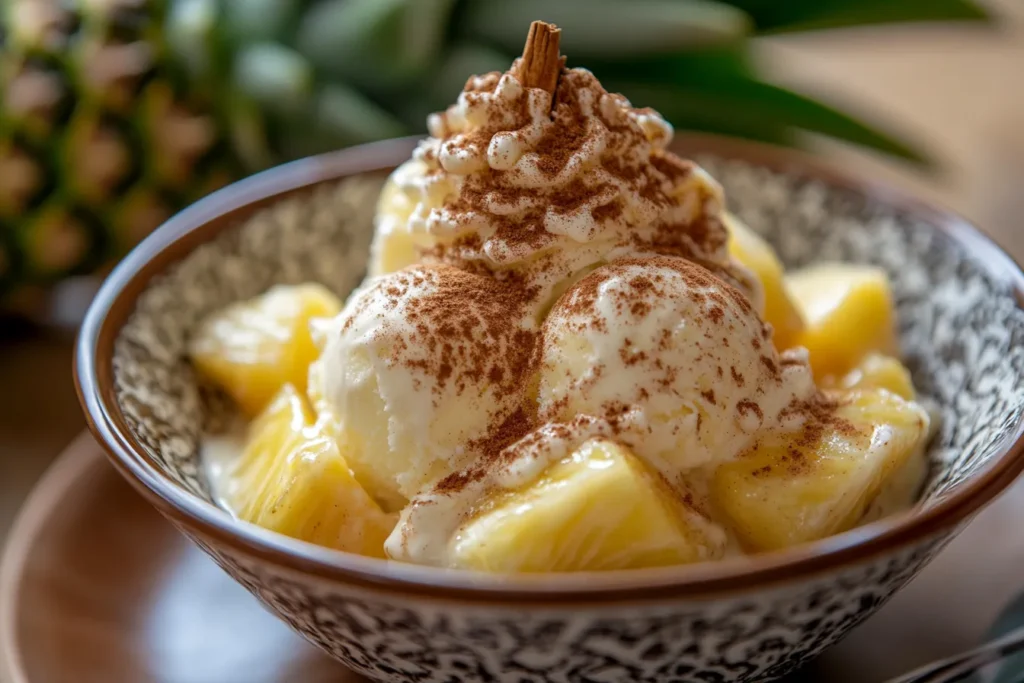 Grilled pineapple with honey over vanilla ice cream