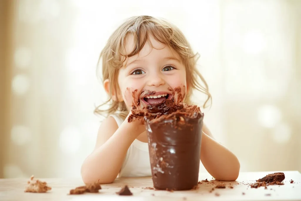 Smiling child enjoying chocolate avocado mousse