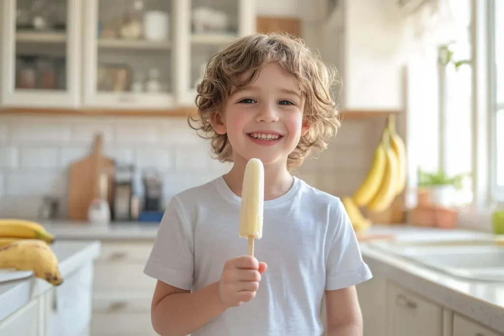 Child enjoying a frozen banana bite in a fun kitchen setting