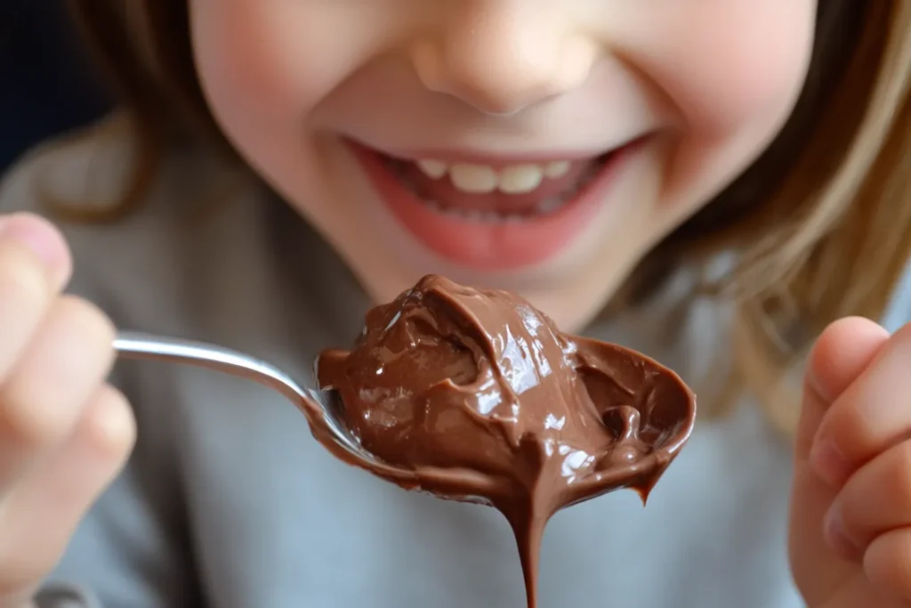 Child enjoying sweet potato chocolate pudding