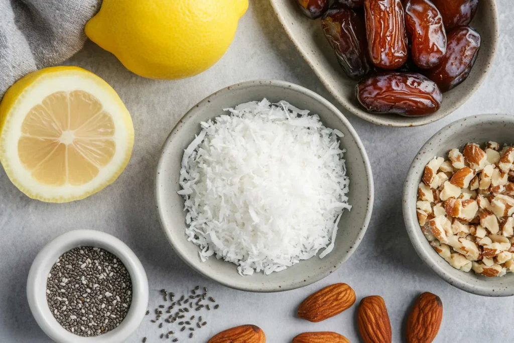 Ingredients used to make lemon coconut energy bars