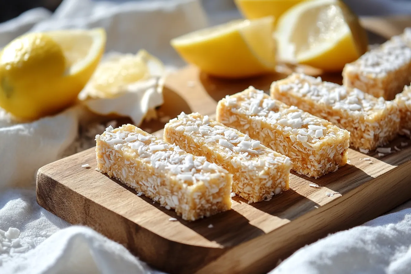 No-bake lemon coconut energy bars on a wooden board with fresh lemon and coconut