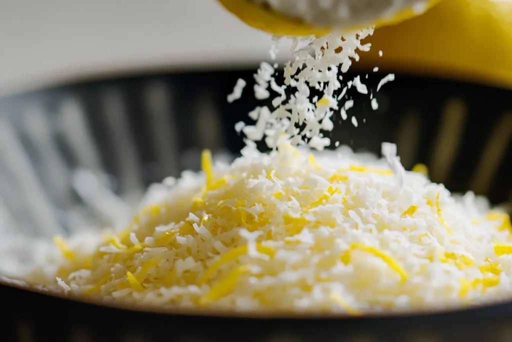 Fresh lemon zest being added to coconut for a vibrant citrus flavor
