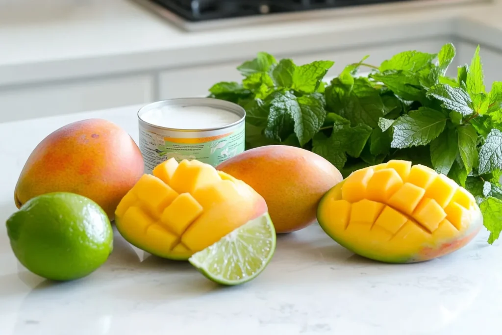 Ingredients for mango coconut sorbet on a kitchen counter