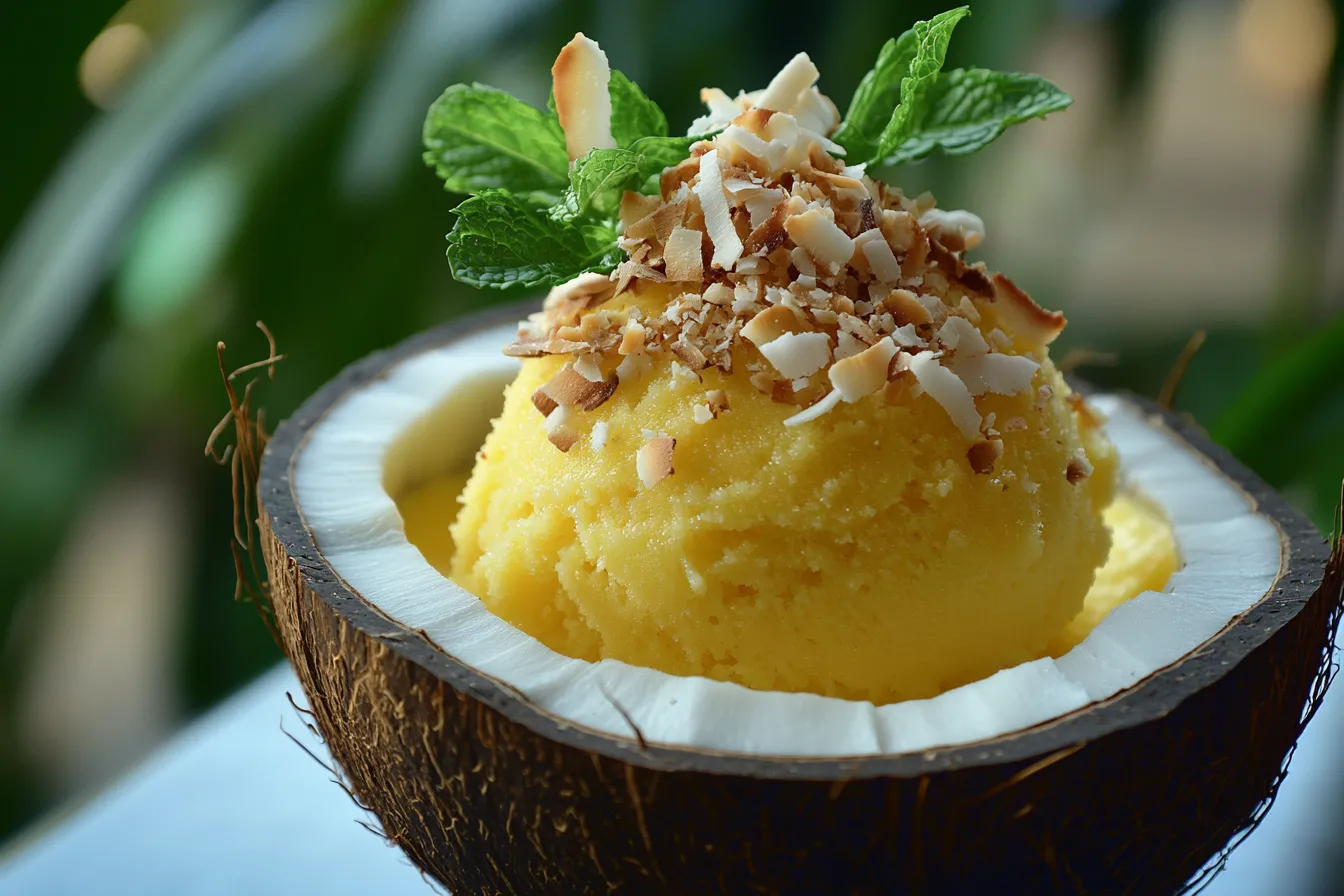 Mango coconut sorbet served in a coconut bowl with mint and coconut flakes