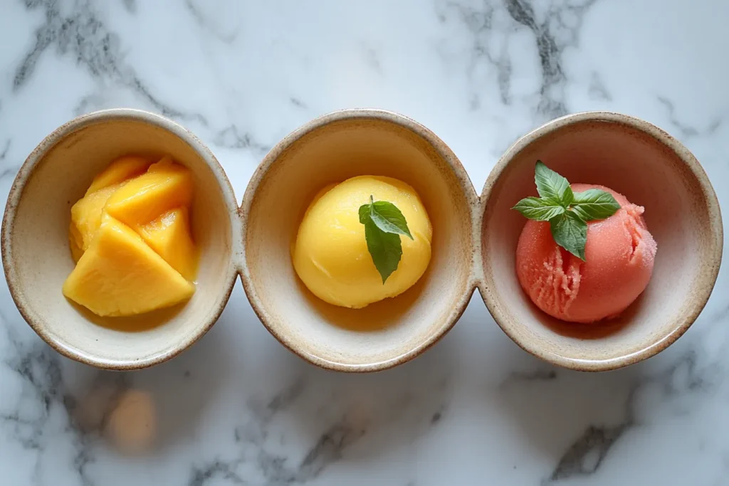 Flavor variations of mango coconut sorbet in separate bowls