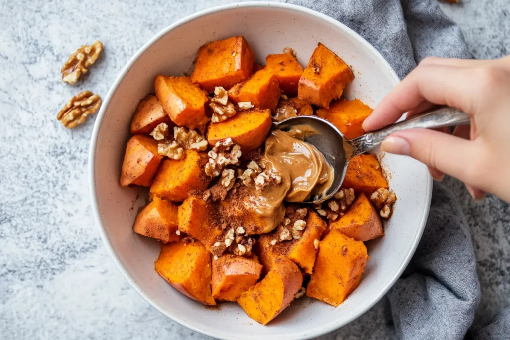 Mashing cooked sweet potatoes for a creamy bowl base