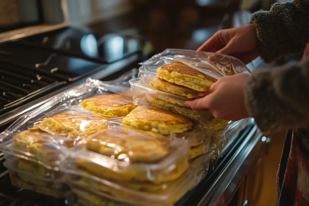 Meal-prepping protein pancakes for the week and storing in freezer bags