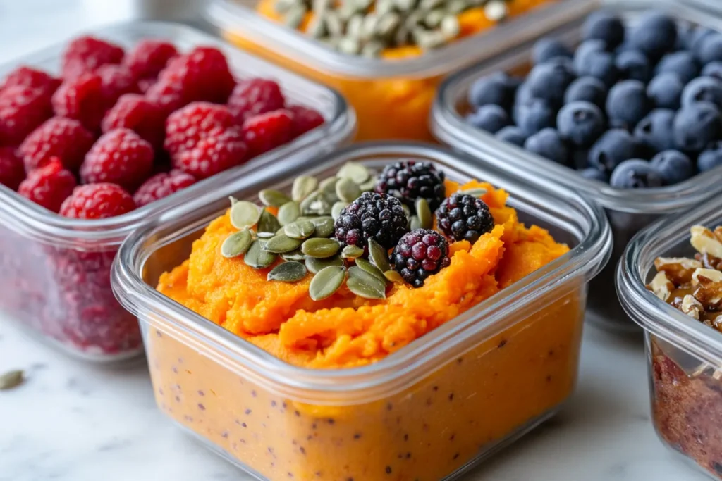 Sweet potato breakfast bowls prepped in containers for the week