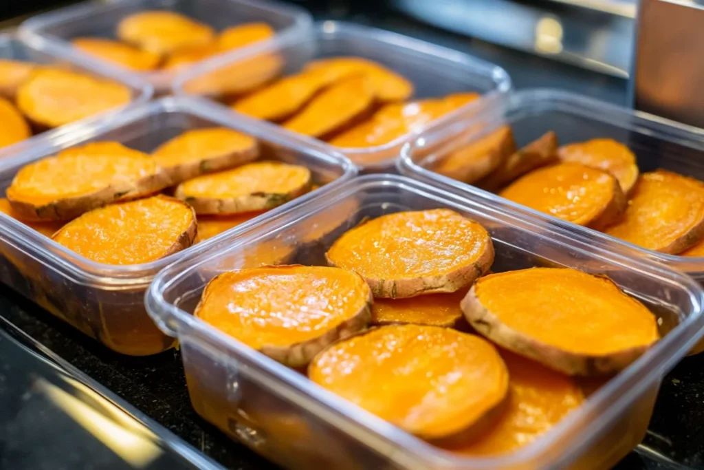 Sweet potato toast meal prep containers in a fridge	