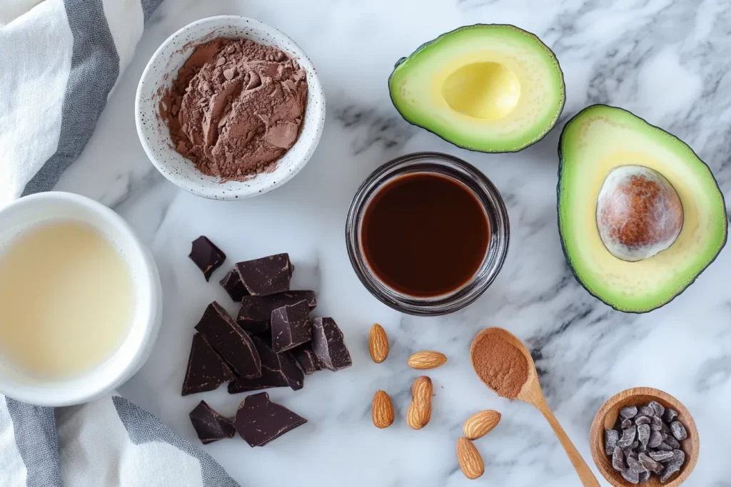 Ingredients for dark chocolate avocado mousse arranged flat