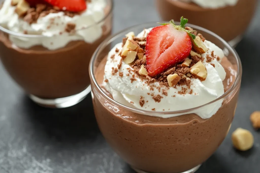 Chocolate avocado mousse styled with toppings and garnish