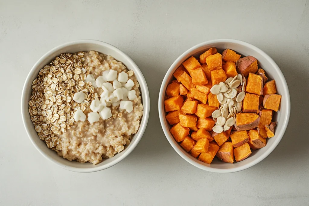 Side-by-side comparison of oatmeal and sweet potato breakfast bowls