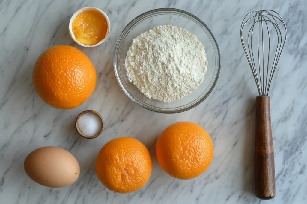 Ingredients for flourless orange almond cake laid out on a rustic table	