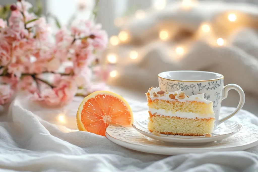 Flourless orange almond cake served with tea at brunch	