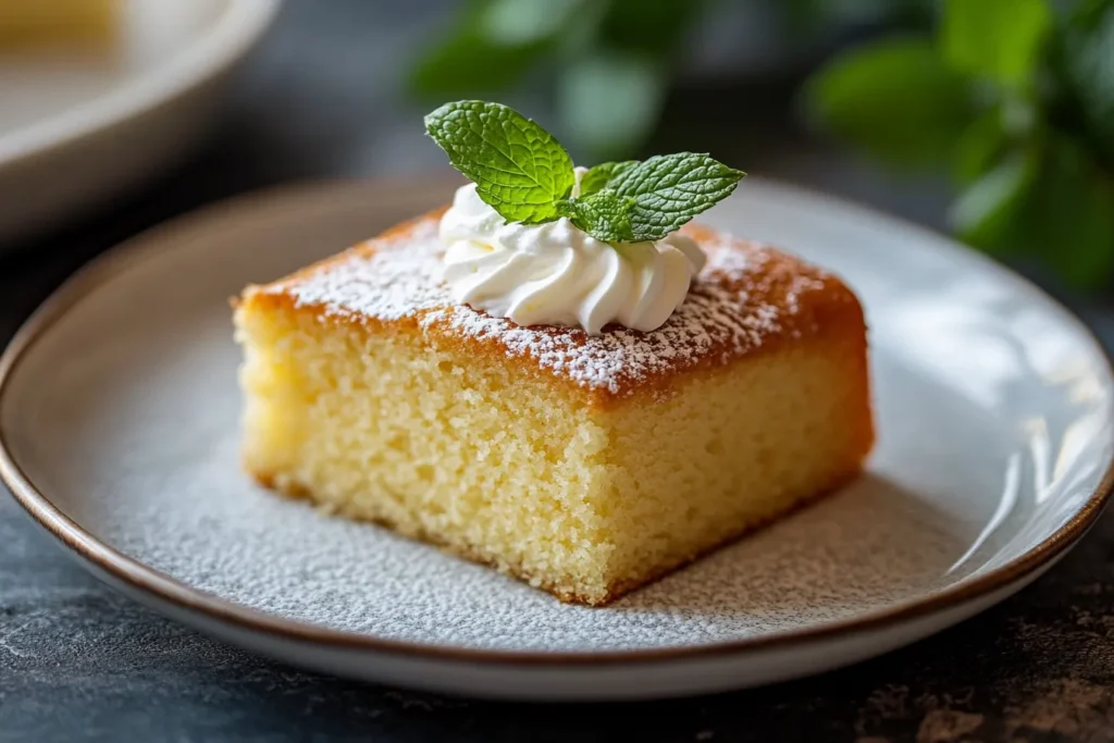 Slice of flourless orange almond cake served with cream and mint	