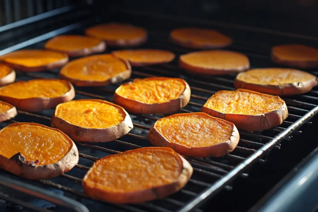 Sweet potato slices roasting in an oven tray	