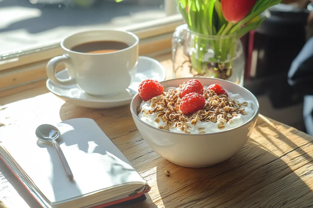 Morning setup with Greek yogurt parfait, coffee, and journal in sunlight