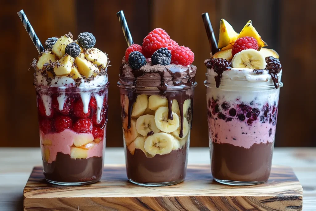 Variety of Greek yogurt parfaits with different flavor themes