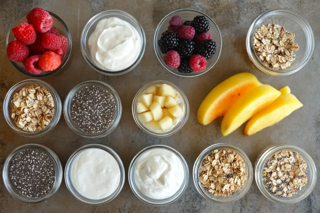 Flat lay of Greek yogurt parfait ingredients on a kitchen counter