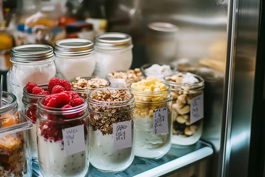 Meal prep jars of Greek yogurt parfait stored in fridge with weekday labels