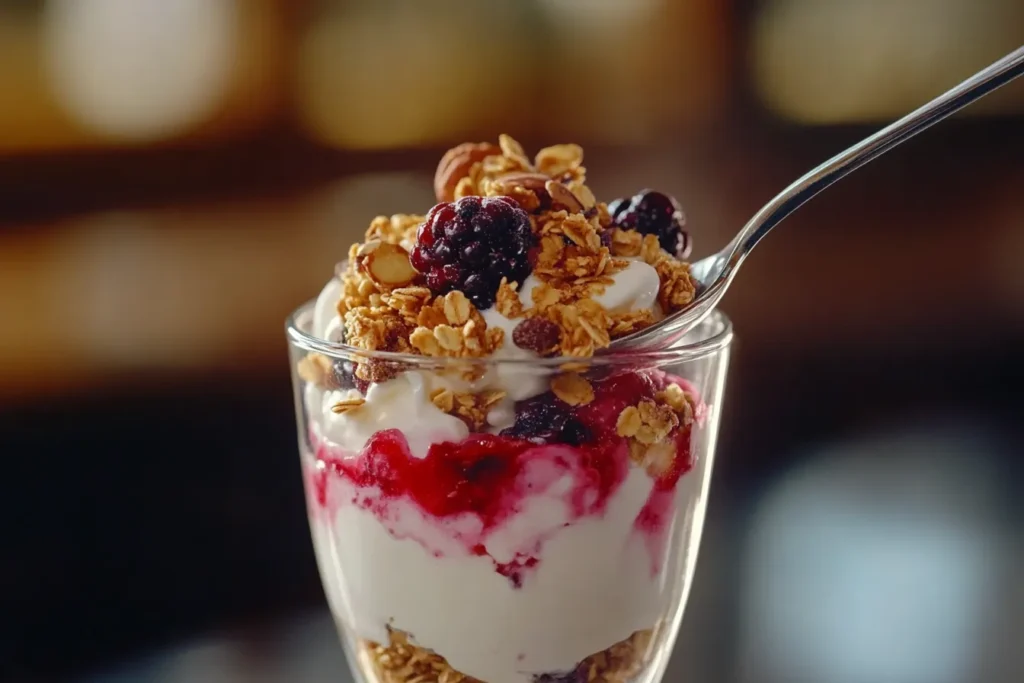 Spoon scooping berry and granola-filled Greek yogurt parfait