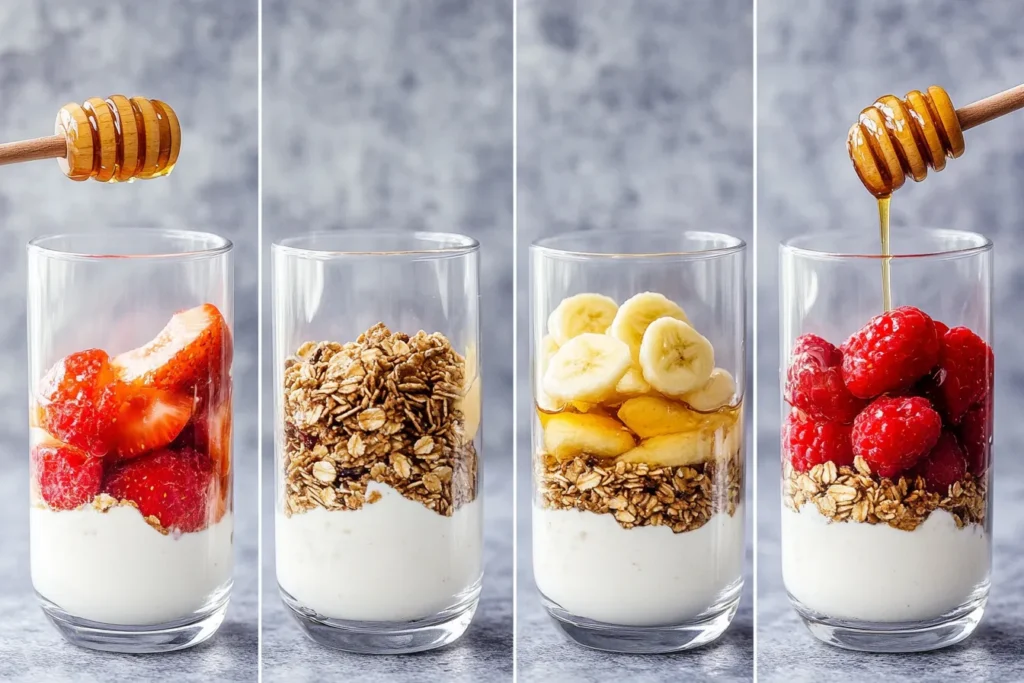 Photo collage showing how to build a Greek yogurt parfait step by step