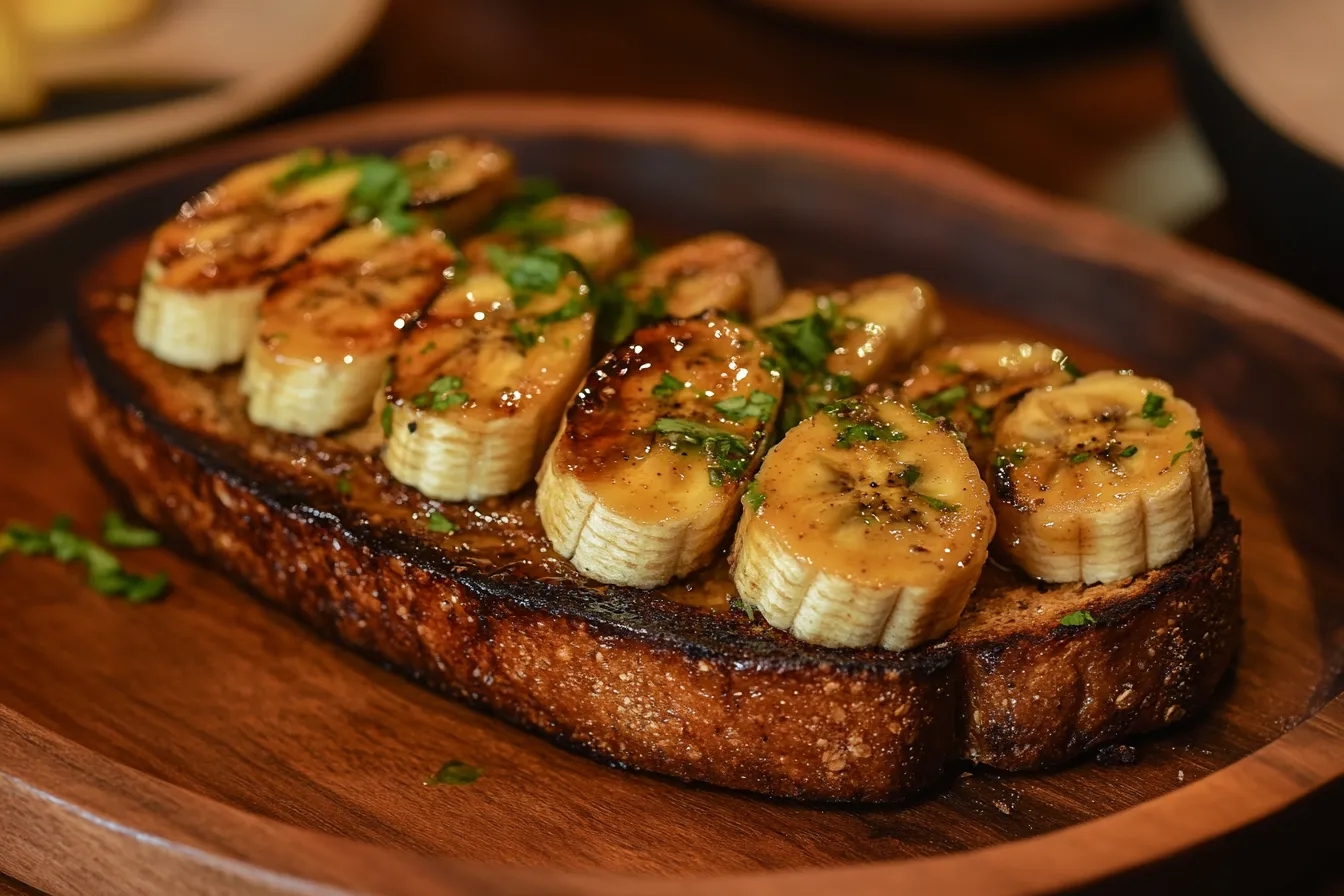 Whole grain toast with peanut butter and banana slices on a wooden plate