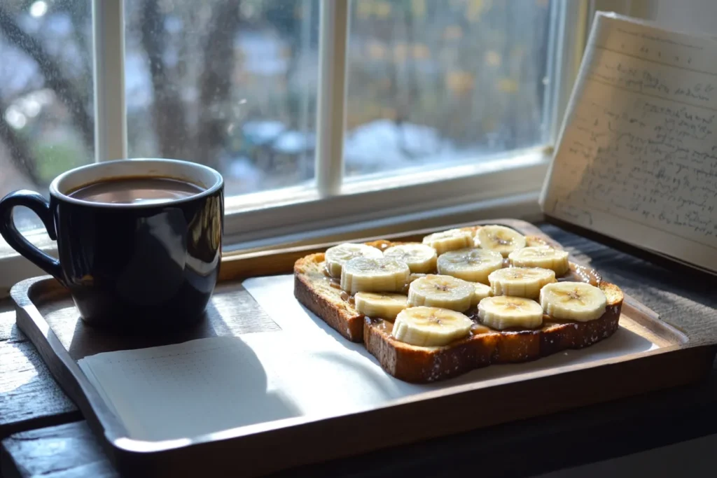 Cozy breakfast scene with toast, coffee, and morning light on a tray
