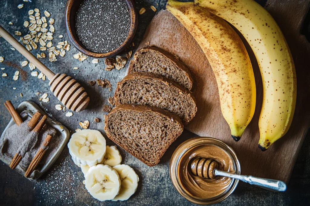Flat lay of ingredients for peanut butter banana toast including banana, bread, and toppings