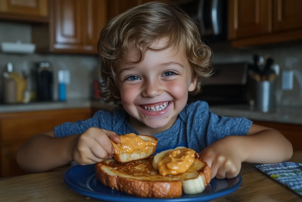 Child happily eating peanut butter banana toast at the table
