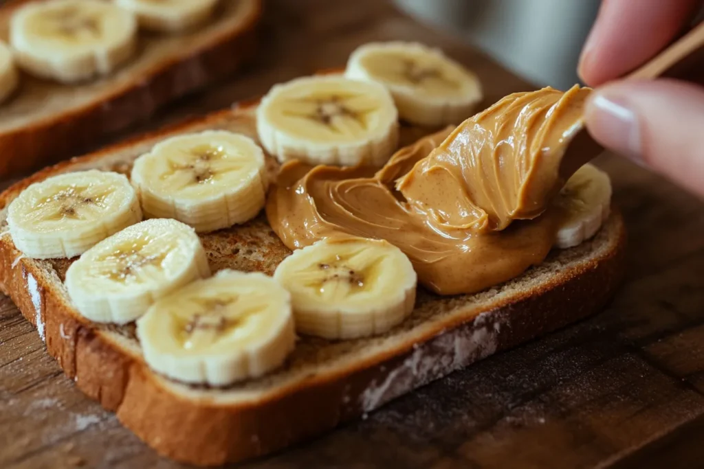 Close-up of peanut butter being spread on toast before adding bananas