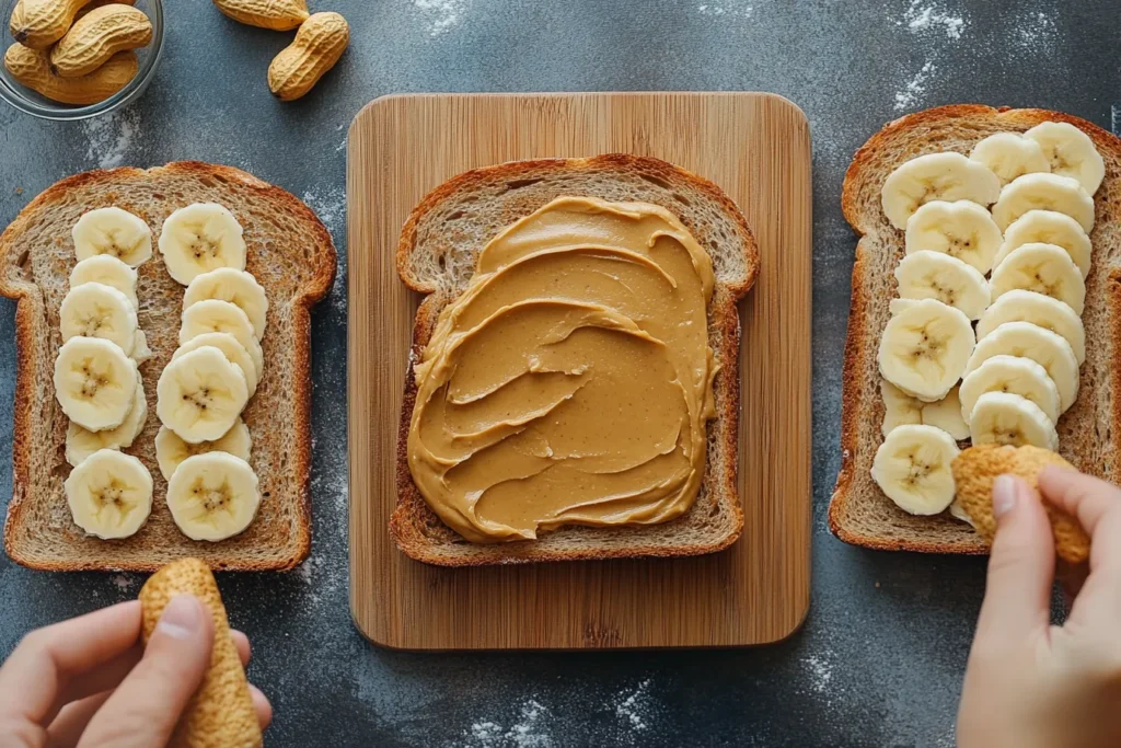 Collage showing how to make peanut butter banana toast from start to finish