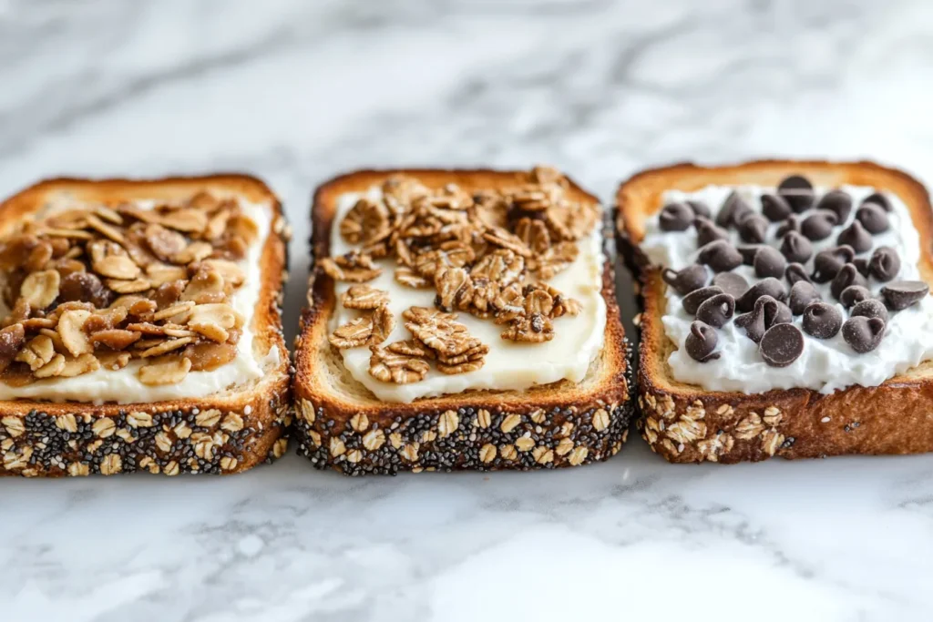 Variety of peanut butter banana toasts with creative toppings