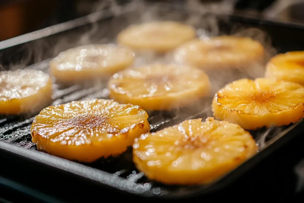 Pineapple rings being grilled on a pan with caramelized edges