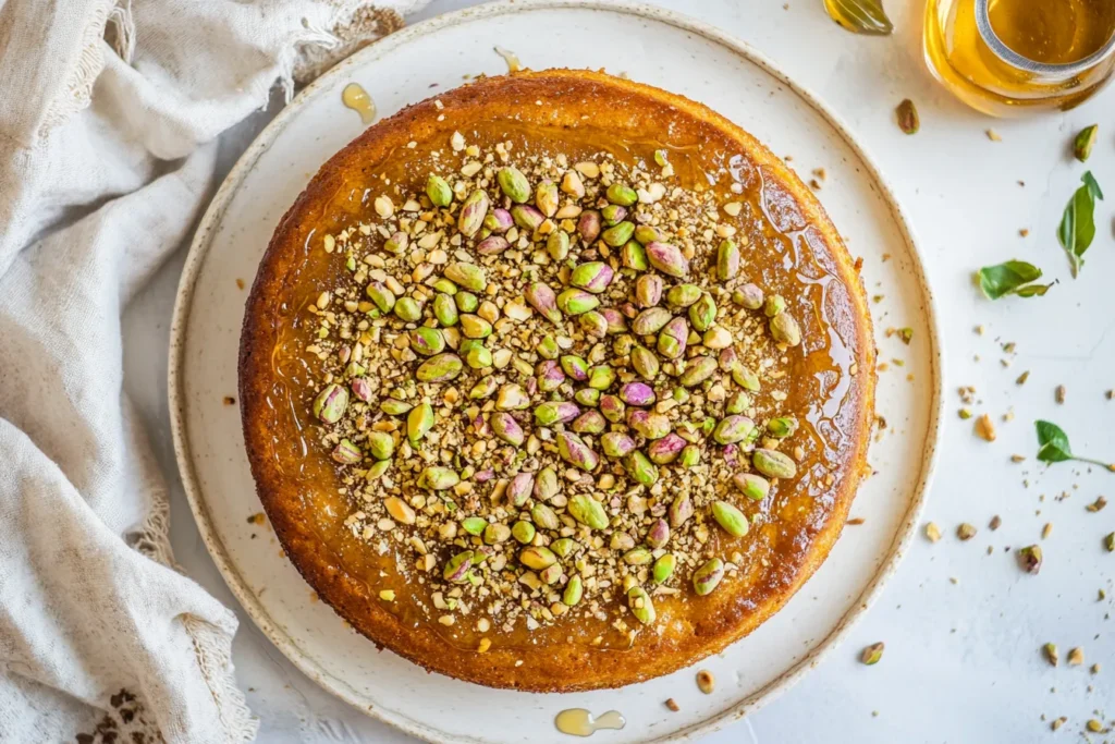 Orange almond cake topped with pistachios and honey	