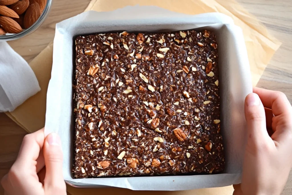 Lemon coconut bar mixture being pressed into a pan before chilling