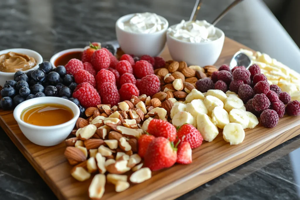 Healthy topping options for protein pancakes on a wooden board