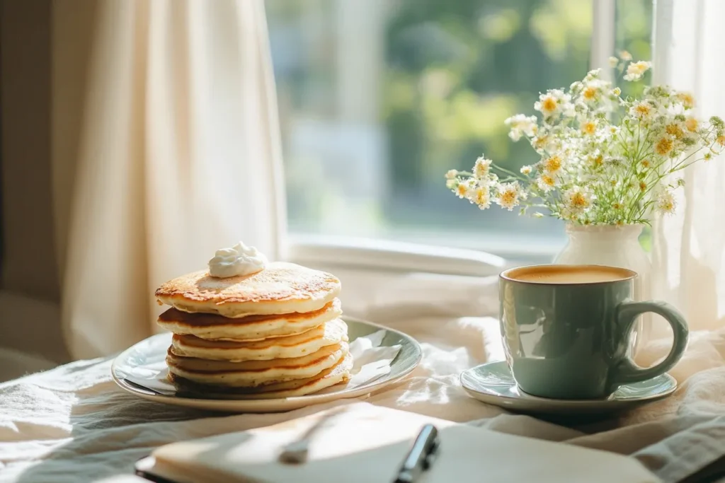 Protein pancake breakfast with coffee and cozy morning vibes