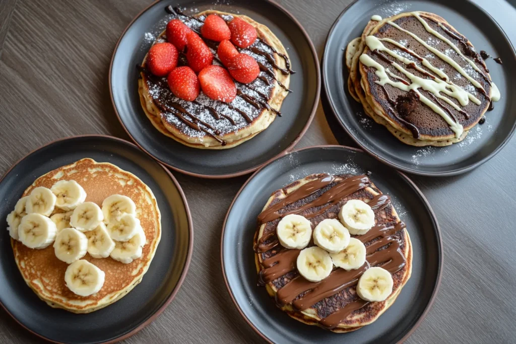 Variety of flavored protein pancakes: banana, chocolate, vegan, and gluten-free