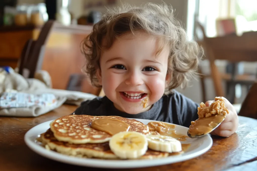 Child enjoying a plate of kid-friendly protein pancakes with banana and peanut butter