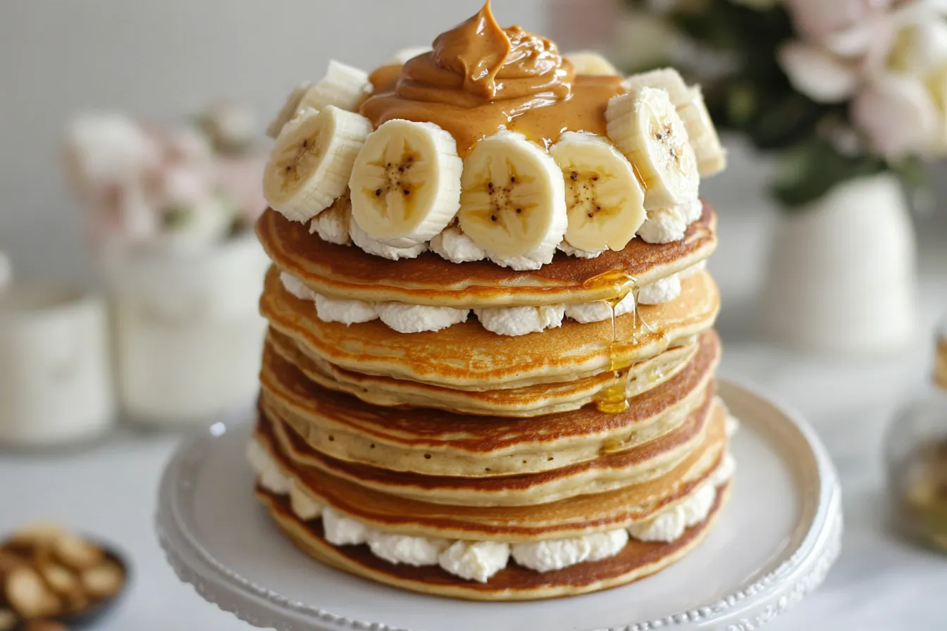 Stack of fluffy protein pancakes with banana and honey drizzle