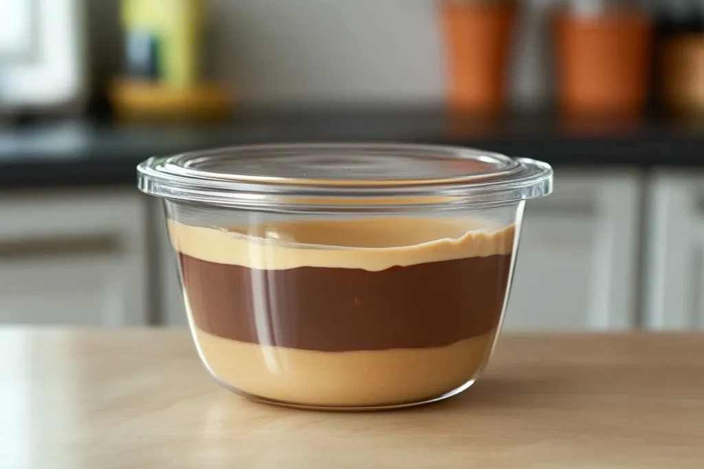 Sweet potato chocolate pudding stored in a glass container in the fridge