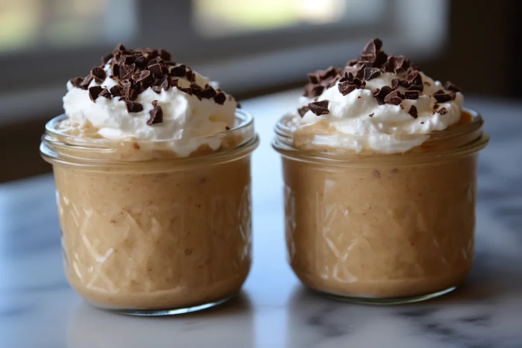 Sweet potato pudding topped with coconut cream and cacao nibs