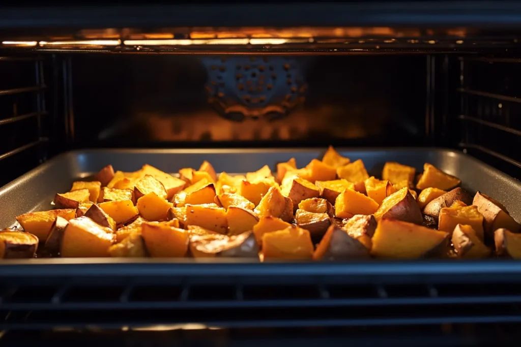 Cubed sweet potatoes roasting in oven for breakfast bowl base