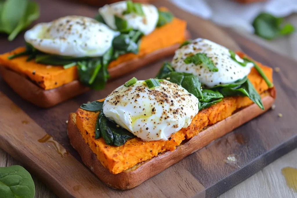 Savory sweet potato toast with hummus, spinach, and egg	